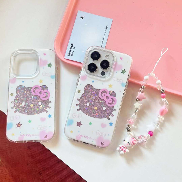 Glitter Star Kitty Silicon Case For iPhone With Kitty Beaded Charm