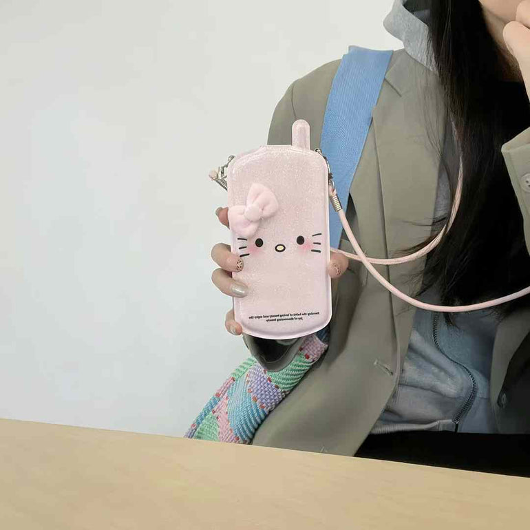 Glitter Kitty With Bow Flip Case For iPhone With Sling