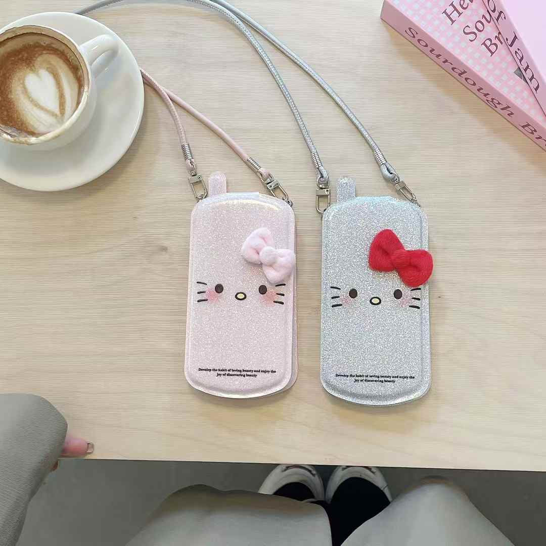 Glitter Kitty With Bow Flip Case For iPhone With Sling