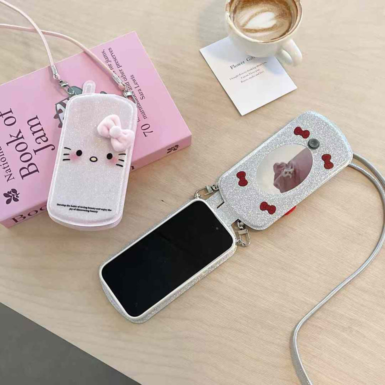 Glitter Kitty With Bow Flip Case For iPhone With Sling