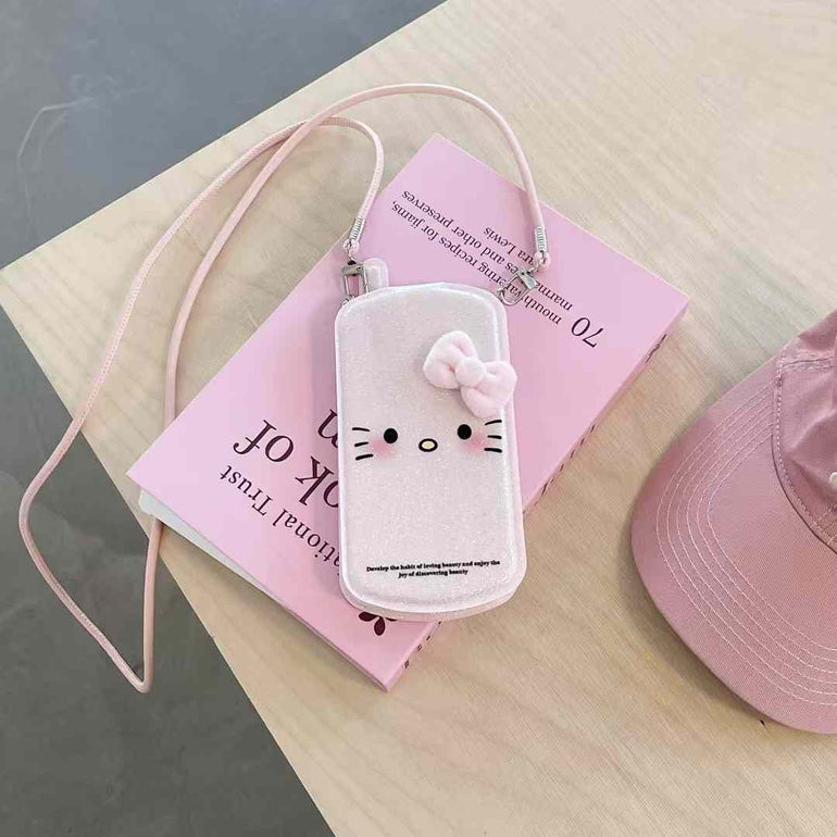 Glitter Kitty With Bow Flip Case For iPhone With Sling