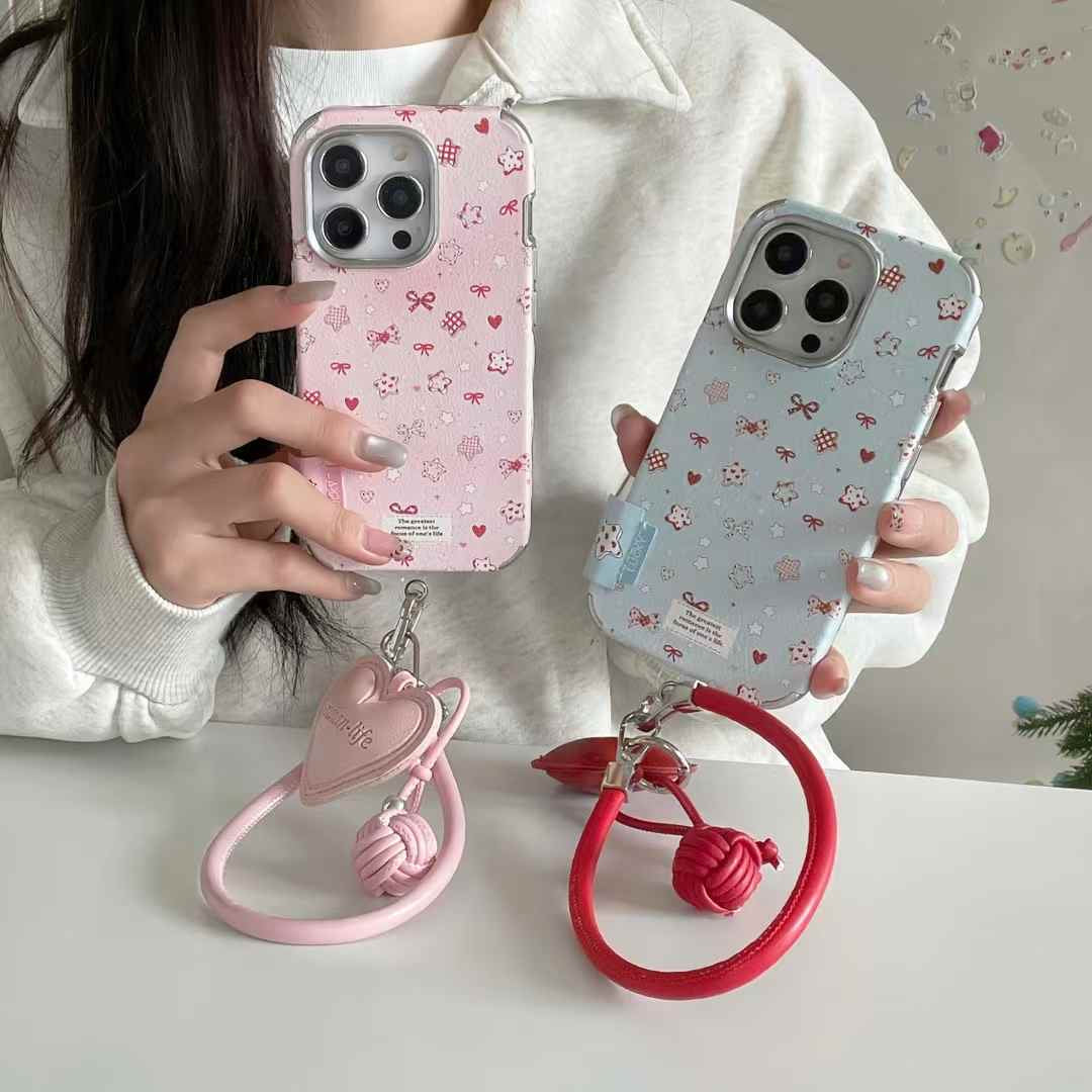 Cute Bow With Star Pattern Case For iPhone With Heart Charm
