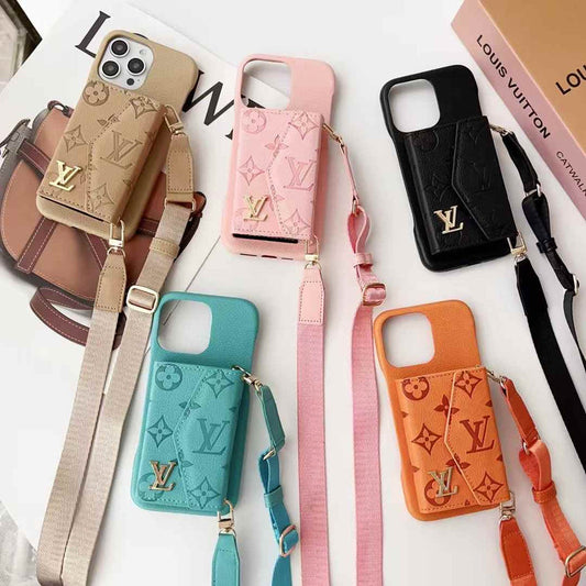 Luxury Branded Leather Wallet Case For iPhone With Sling