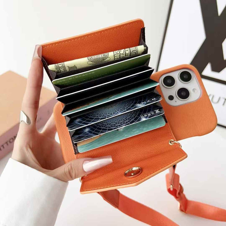 Luxury Branded Leather Wallet Case For iPhone With Sling