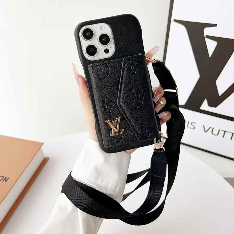 Luxury Branded Leather Wallet Case For iPhone With Sling