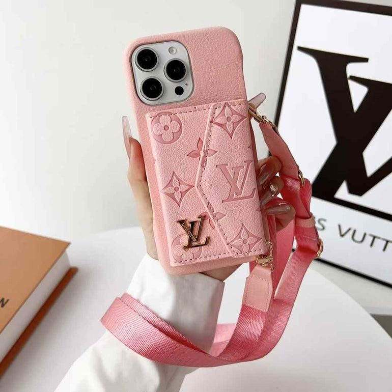 Luxury Branded Leather Wallet Case For iPhone With Sling