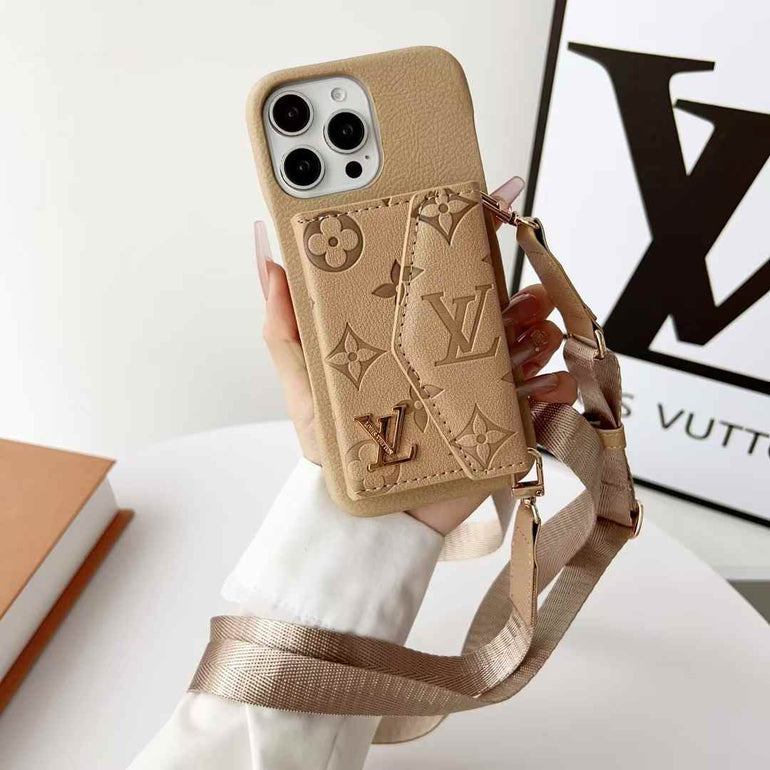 Luxury Branded Leather Wallet Case For iPhone With Sling
