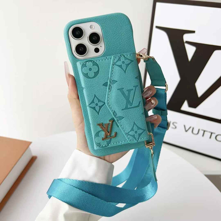 Luxury Branded Leather Wallet Case For iPhone With Sling