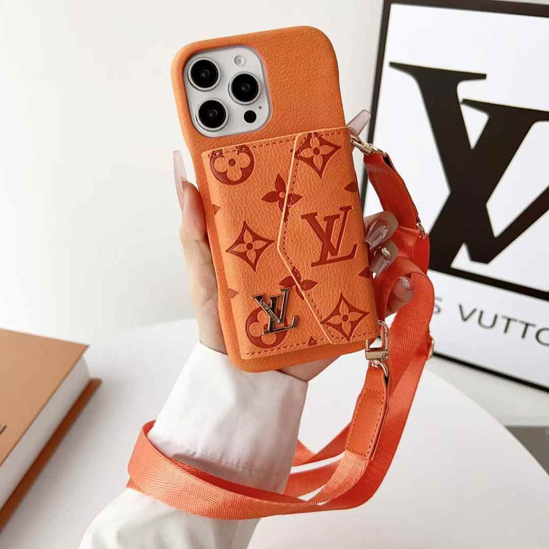 Luxury Branded Leather Wallet Case For iPhone With Sling