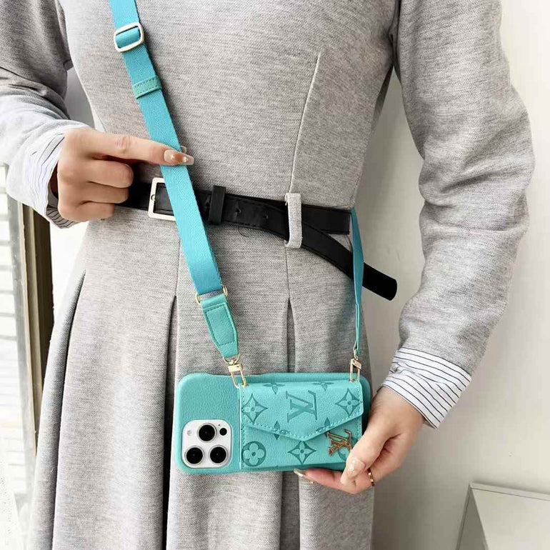 Luxury Branded Leather Wallet Case For iPhone With Sling