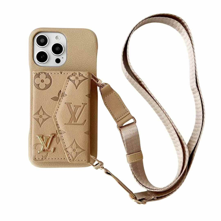 Luxury Branded Leather Wallet Case For iPhone With Sling