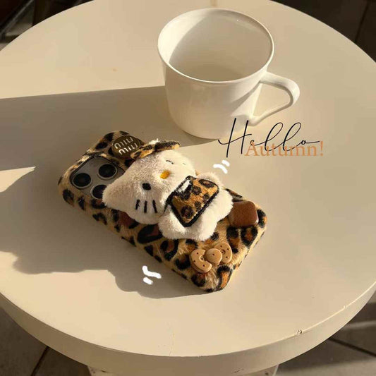 Cute Leopard Kitty Plush iPhone Case With Heart Charm