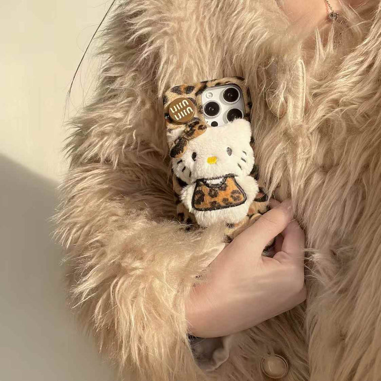 Cute Leopard Kitty Plush iPhone Case With Heart Charm
