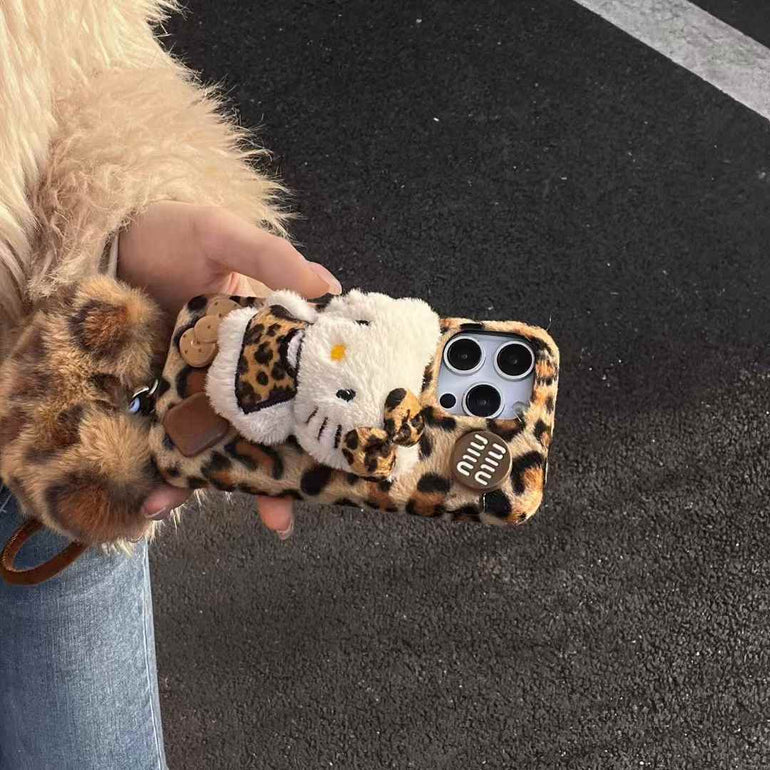 Cute Leopard Kitty Plush iPhone Case With Heart Charm
