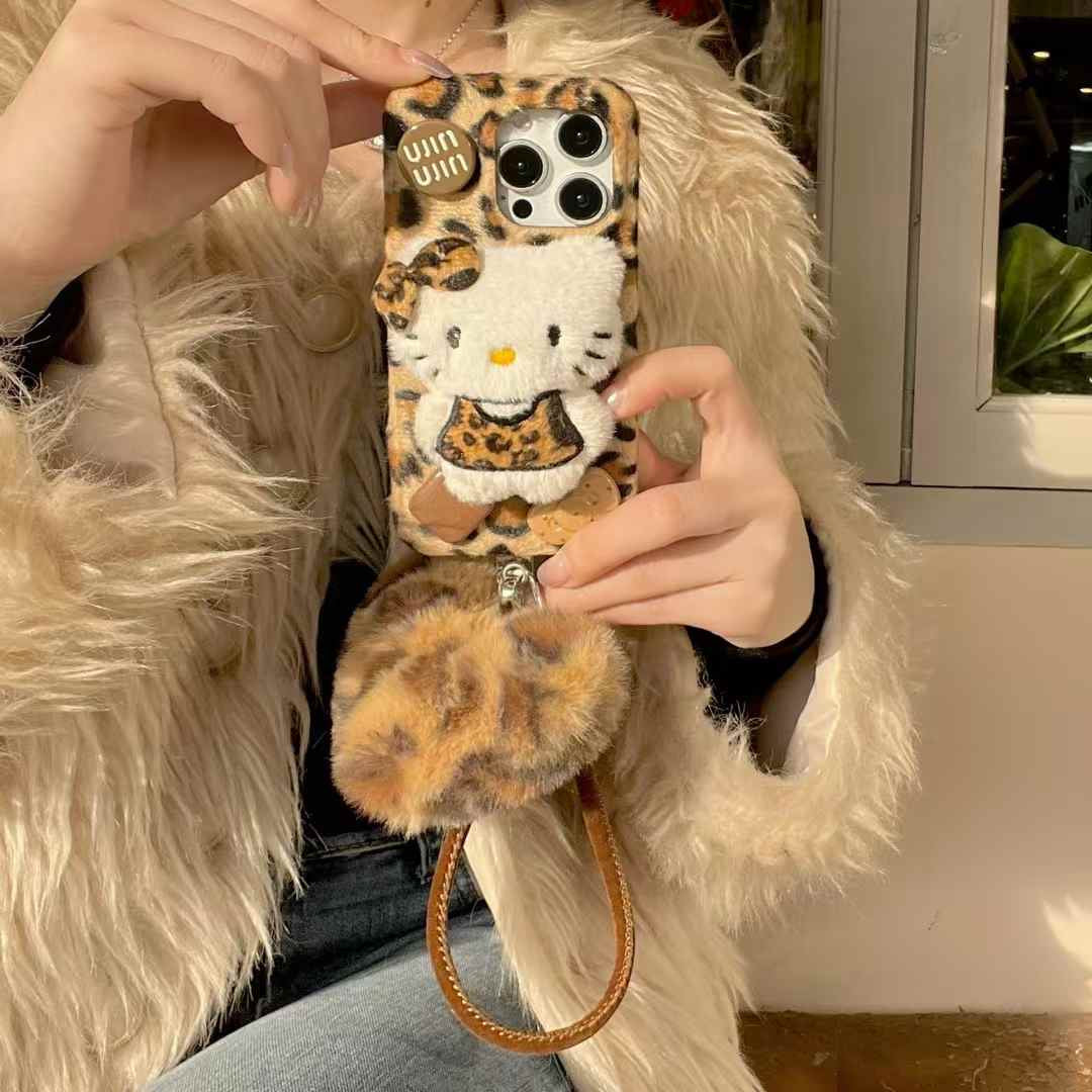Cute Leopard Kitty Plush iPhone Case With Heart Charm