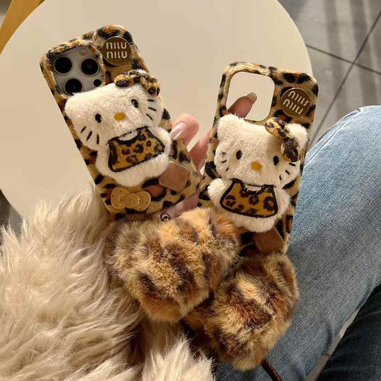 Cute Leopard Kitty Plush iPhone Case With Heart Charm