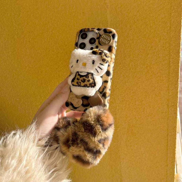 Cute Leopard Kitty Plush iPhone Case With Heart Charm