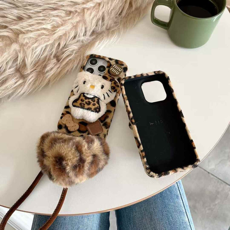 Cute Leopard Kitty Plush iPhone Case With Heart Charm