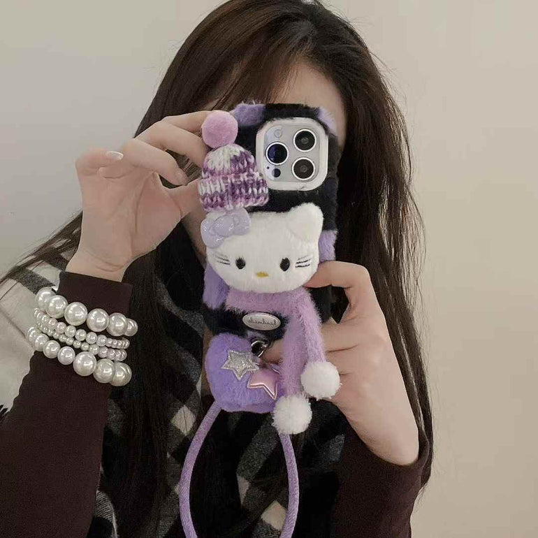 Cute Kitty With Scarf Warm Plush iPhone Case With Heart Charm
