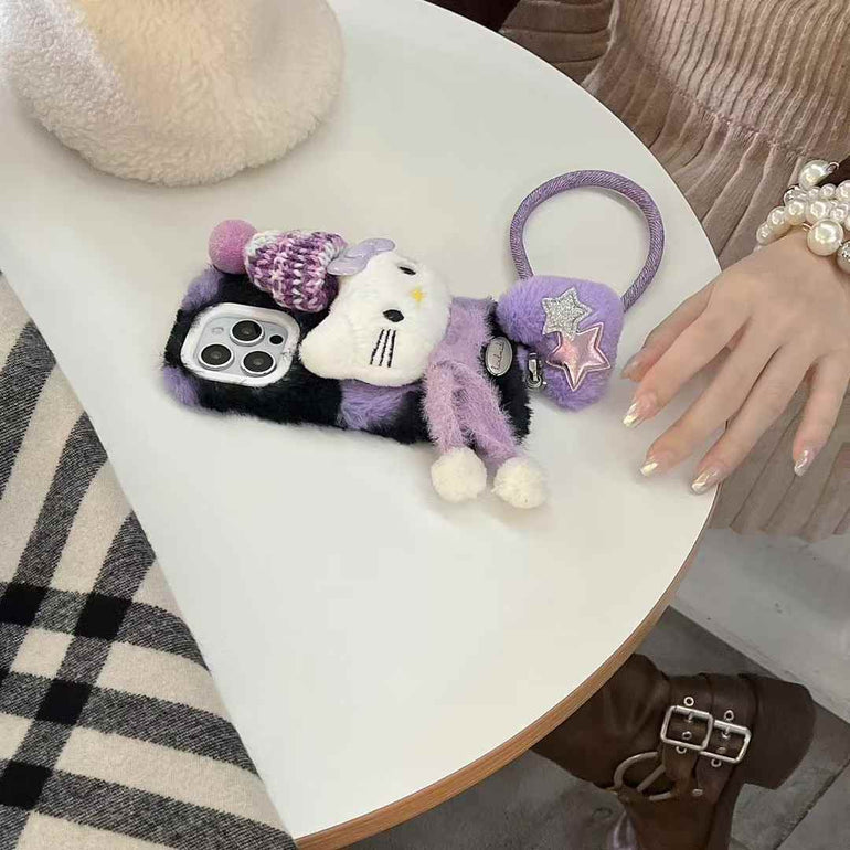 Cute Kitty With Scarf Warm Plush iPhone Case With Heart Charm