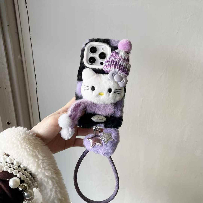 Cute Kitty With Scarf Warm Plush iPhone Case With Heart Charm