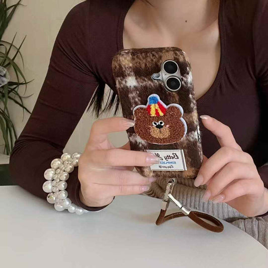 Cute Embroidery Bear Case For iPhone With Charm
