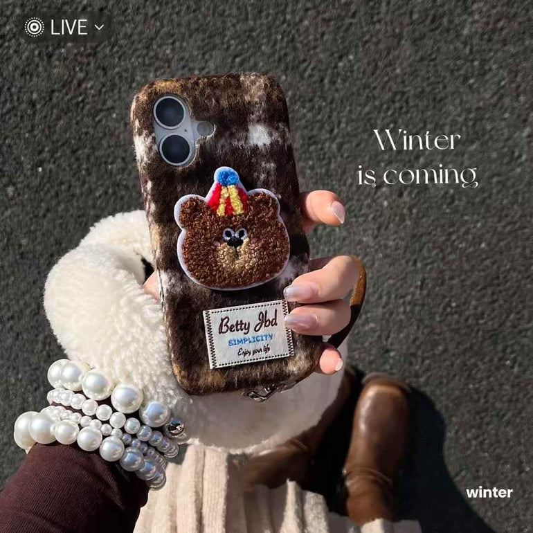 Cute Embroidery Bear Case For iPhone With Charm