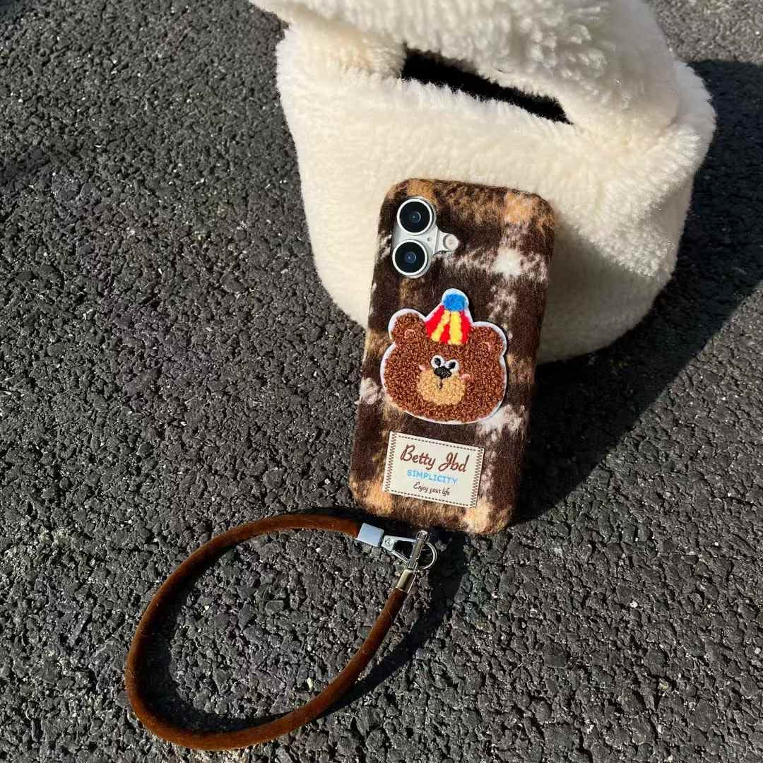 Cute Embroidery Bear Case For iPhone With Charm
