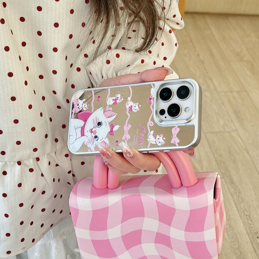 Cute Cat iPhone Case – Glossy Mirror Finish with Pink Ribbon Cartoon Design