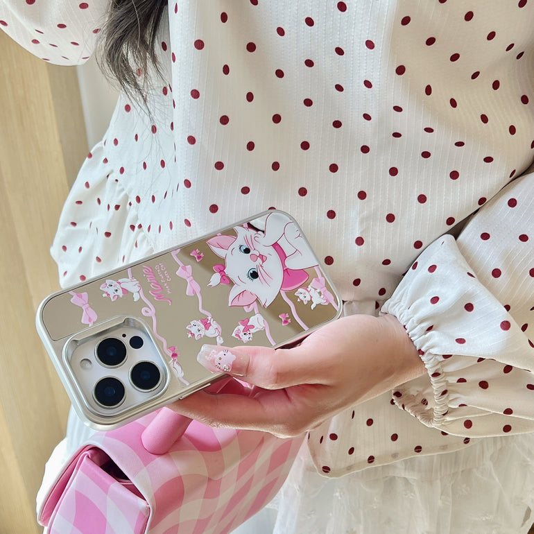 Cute Cat iPhone Case – Glossy Mirror Finish with Pink Ribbon Cartoon Design