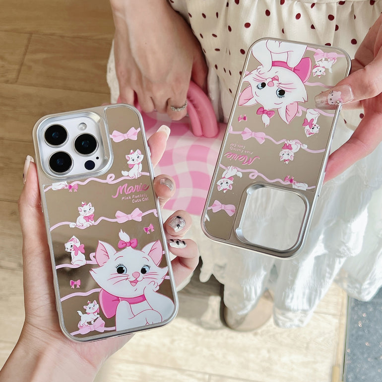 Cute Cat iPhone Case – Glossy Mirror Finish with Pink Ribbon Cartoon Design