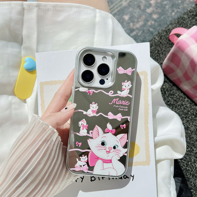 Cute Cat iPhone Case – Glossy Mirror Finish with Pink Ribbon Cartoon Design