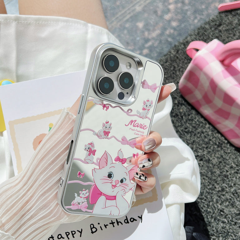 Cute Cat iPhone Case – Glossy Mirror Finish with Pink Ribbon Cartoon Design