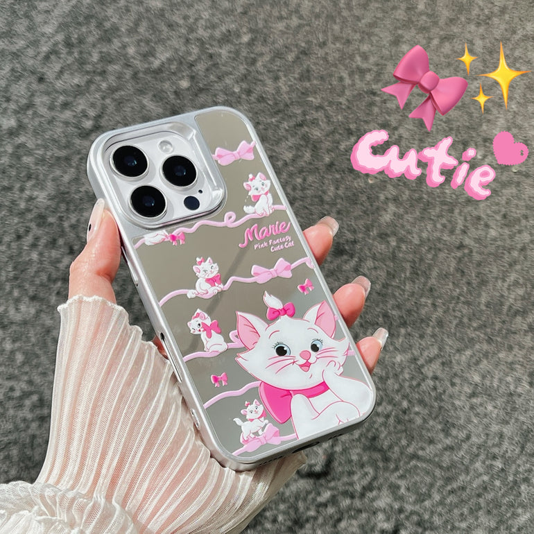Cute Cat iPhone Case – Glossy Mirror Finish with Pink Ribbon Cartoon Design