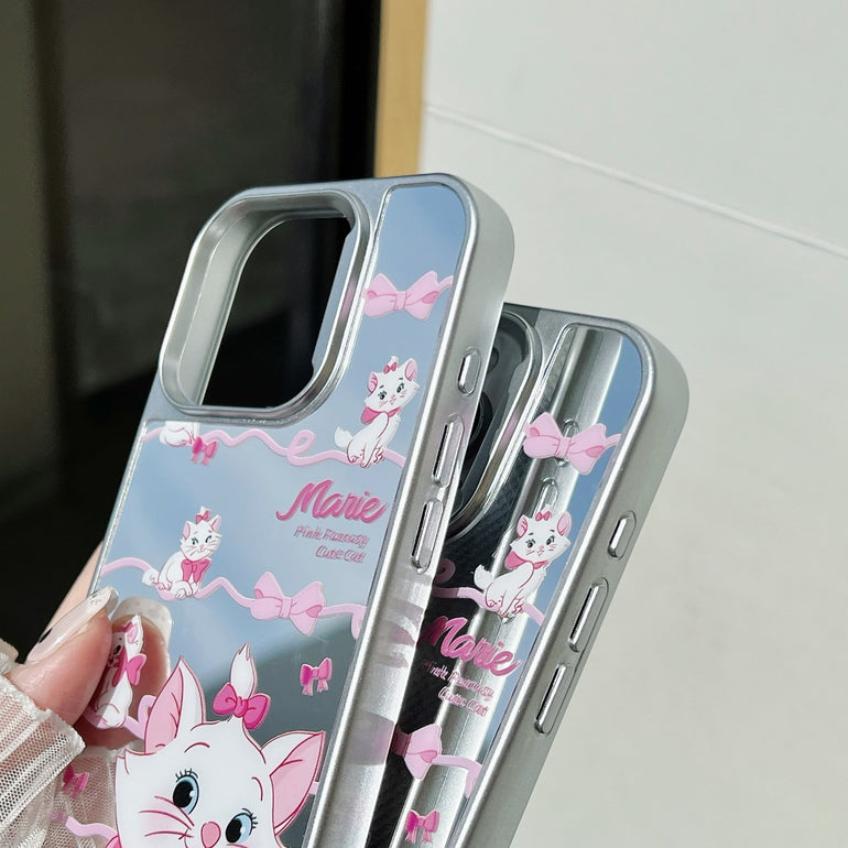Cute Cat iPhone Case – Glossy Mirror Finish with Pink Ribbon Cartoon Design