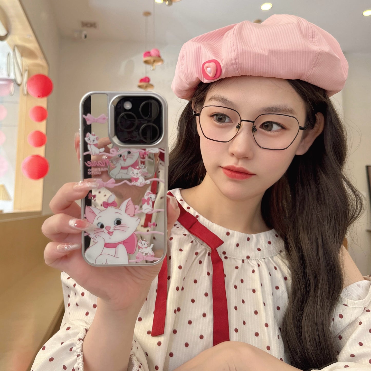 Cute Cat iPhone Case – Glossy Mirror Finish with Pink Ribbon Cartoon Design