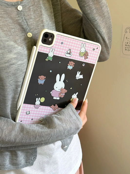 Cute Bunny and Bear iPad Case – Pink Gingham & Night Sky Design Soft Cover for iPad