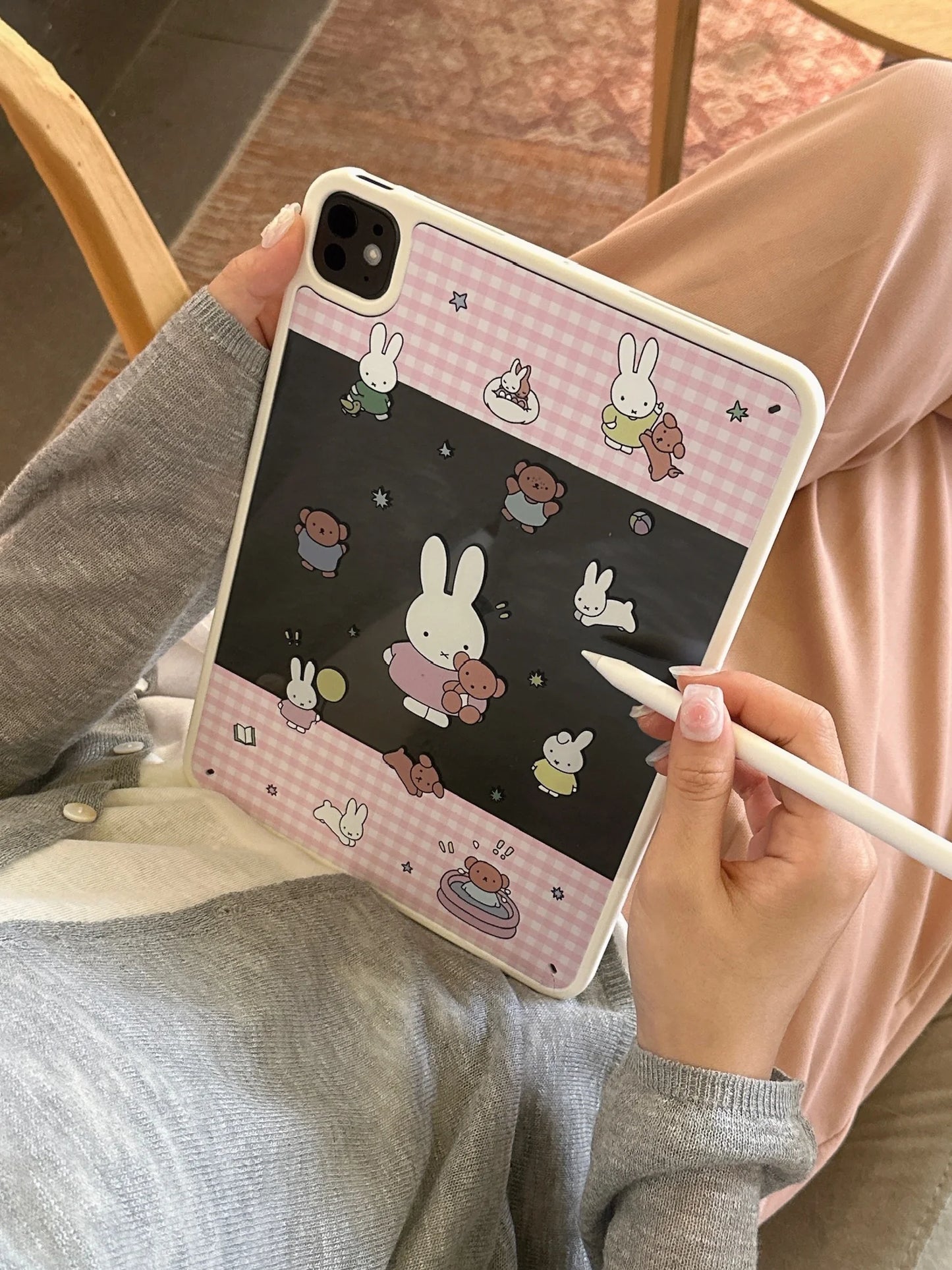 Cute Bunny and Bear iPad Case – Pink Gingham & Night Sky Design Soft Cover for iPad