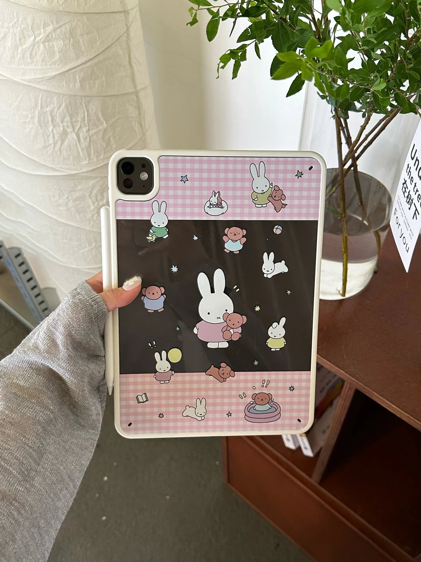 Cute Bunny and Bear iPad Case – Pink Gingham & Night Sky Design Soft Cover for iPad