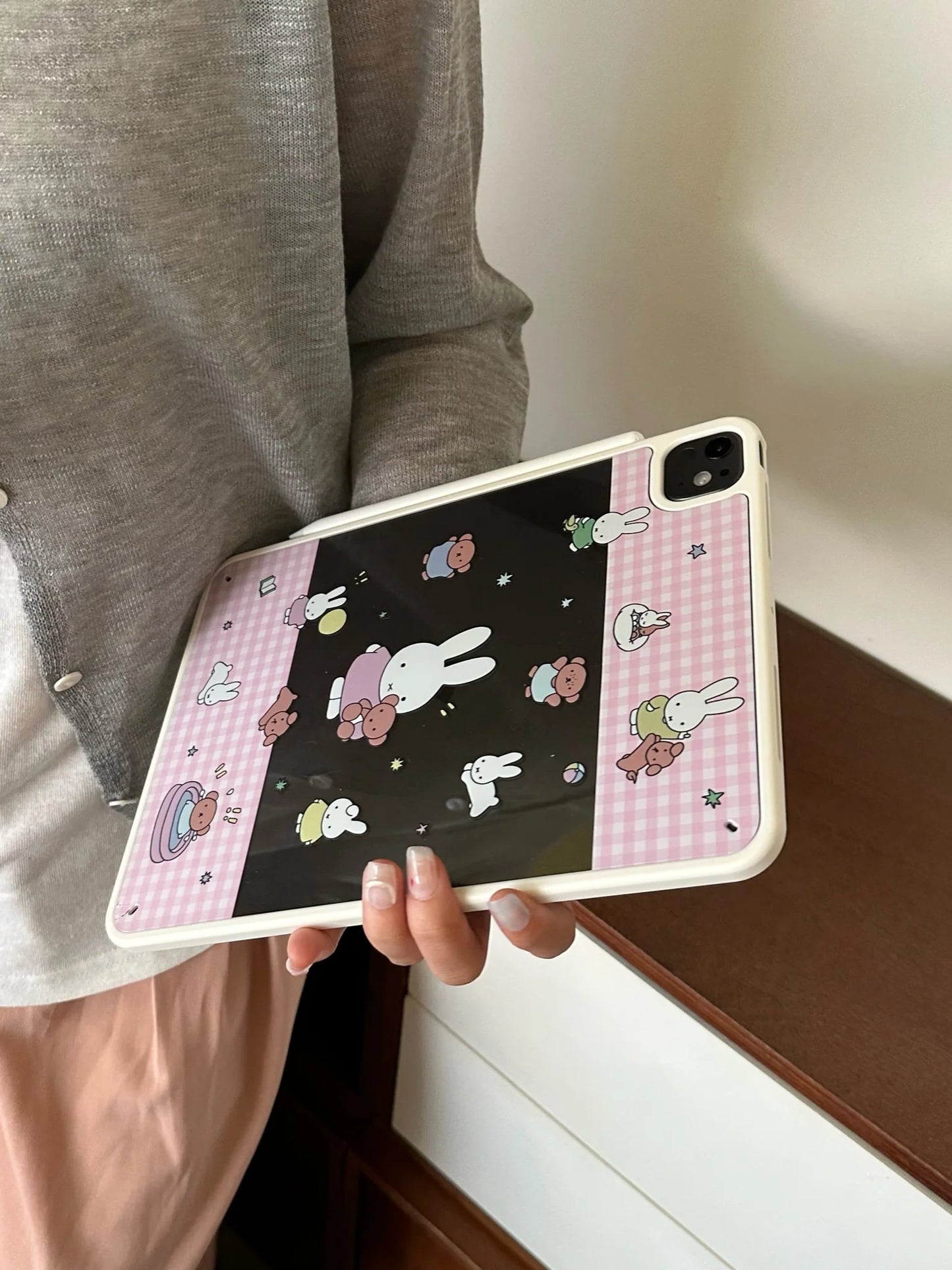 Cute Bunny and Bear iPad Case – Pink Gingham & Night Sky Design Soft Cover for iPad