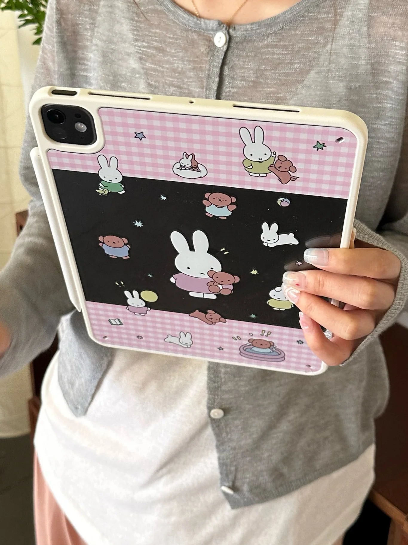 Cute Bunny and Bear iPad Case – Pink Gingham & Night Sky Design Soft Cover for iPad