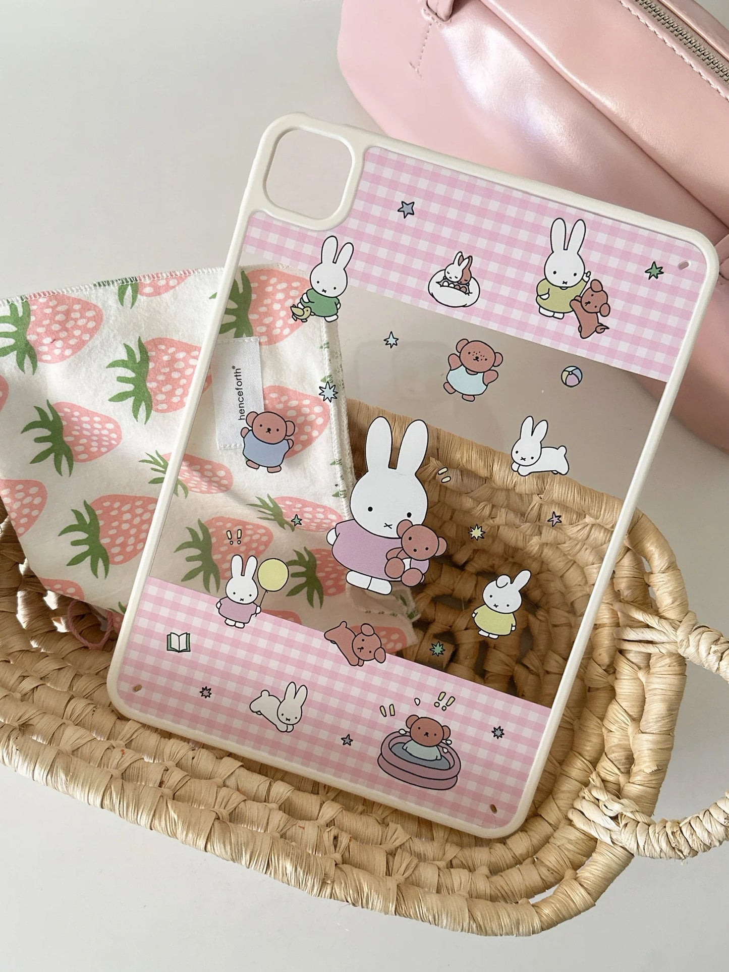 Cute Bunny and Bear iPad Case – Pink Gingham & Night Sky Design Soft Cover for iPad