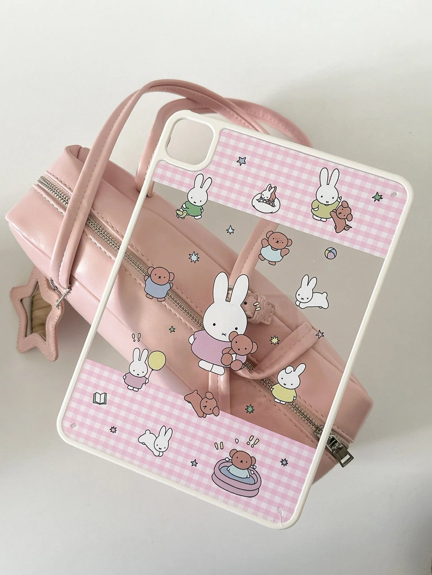 Cute Bunny and Bear iPad Case – Pink Gingham & Night Sky Design Soft Cover for iPad