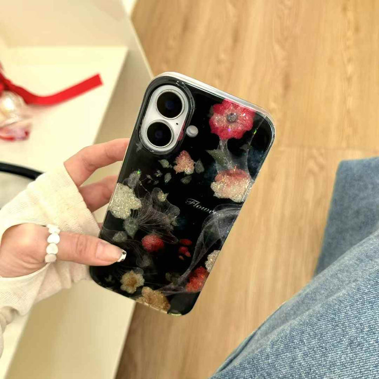 Glitter Flower Silicon Case For iPhone With Charm