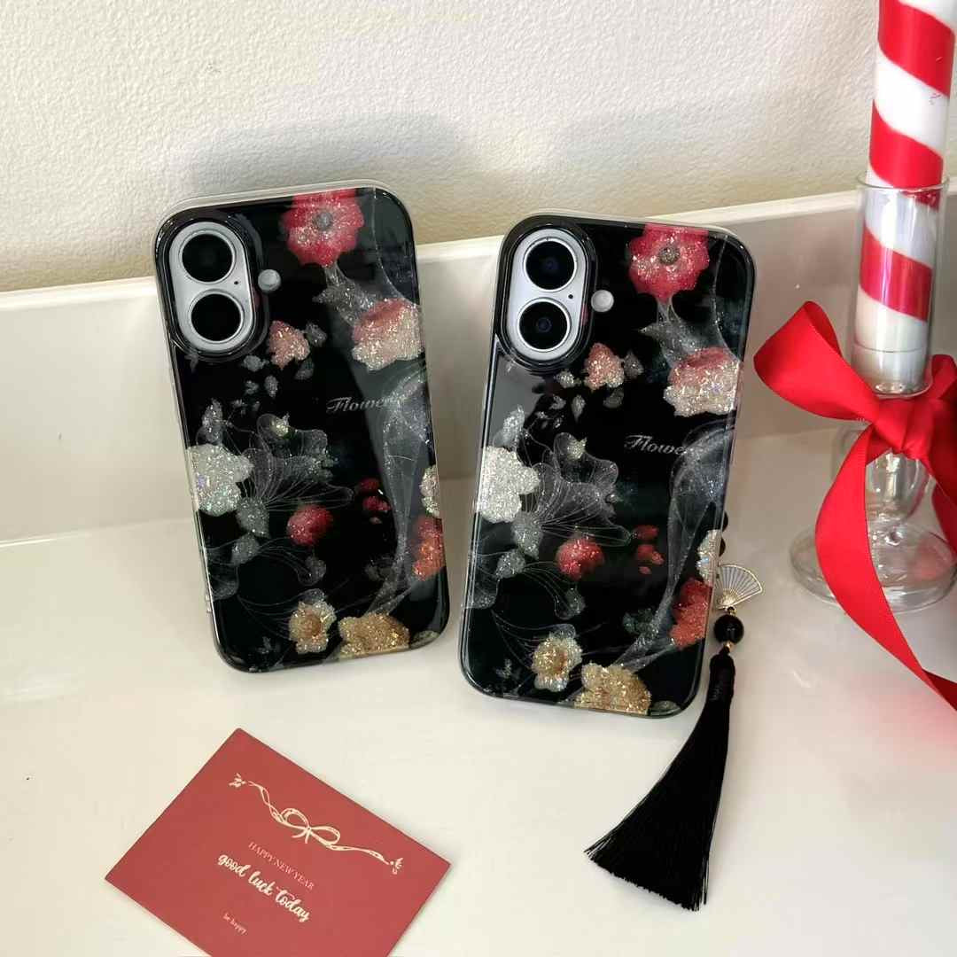Glitter Flower Silicon Case For iPhone With Charm