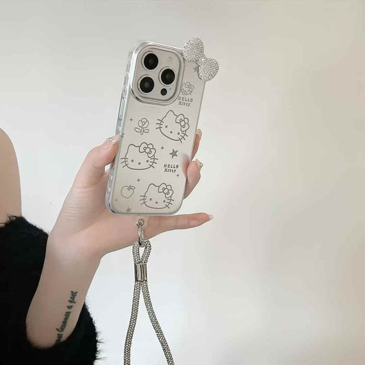 Kitty With Bow Silicon Case For iPhone With Rope Holder