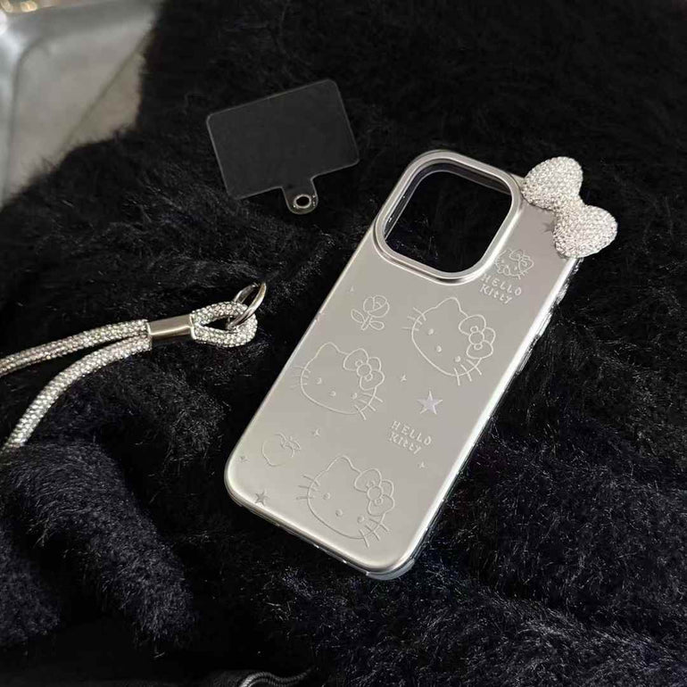 Kitty With Bow Silicon Case For iPhone With Rope Holder