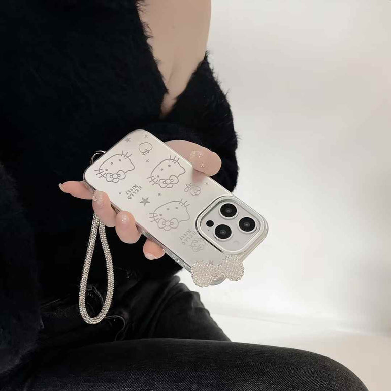 Kitty With Bow Silicon Case For iPhone With Rope Holder