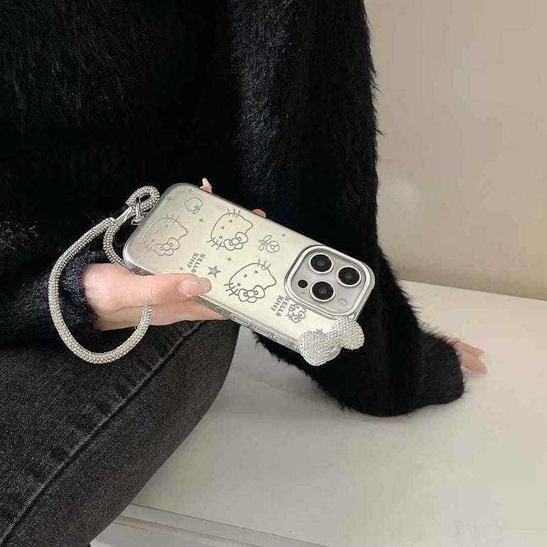 Kitty With Bow Silicon Case For iPhone With Rope Holder