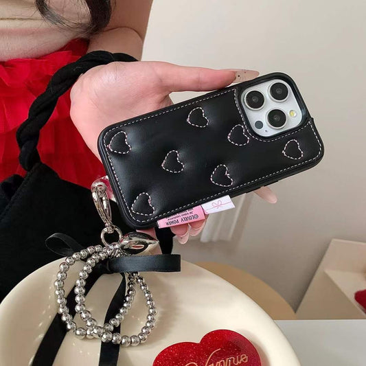 Leather Embossed Heart Pattern Case For iPhone With Bow Charm
